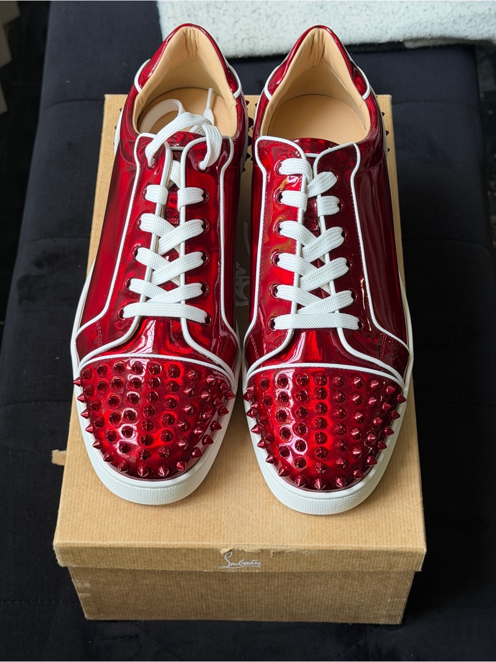 Christian Louboutin Red Patent Spiked Low-Top Sneakers